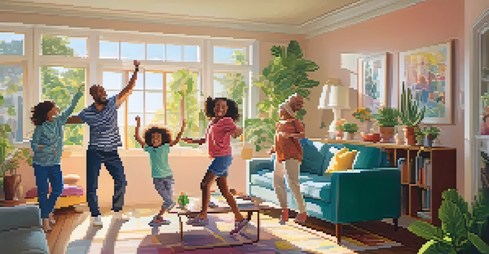 A cheerful family enjoying a dance together in their bright living room, filled with sunlight.