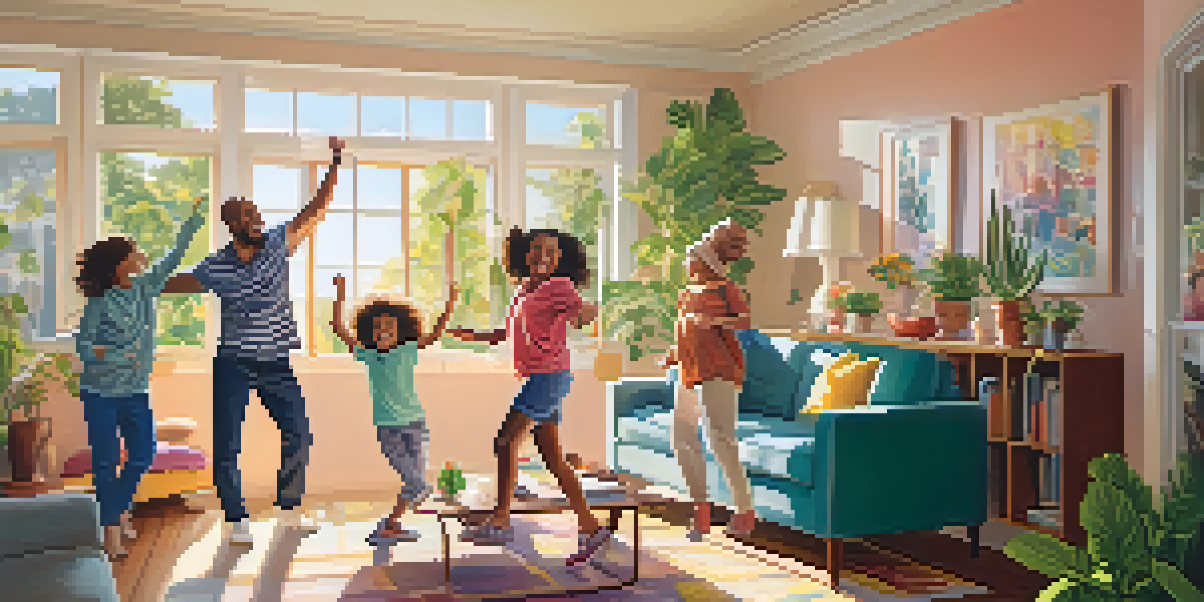 A cheerful family enjoying a dance together in their bright living room, filled with sunlight.