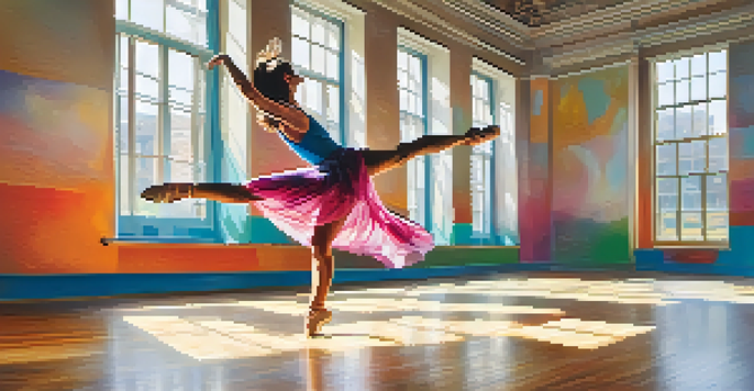 A dancer in mid-air leap inside a bright dance studio with mirrors and wooden floors, wearing a colorful outfit.