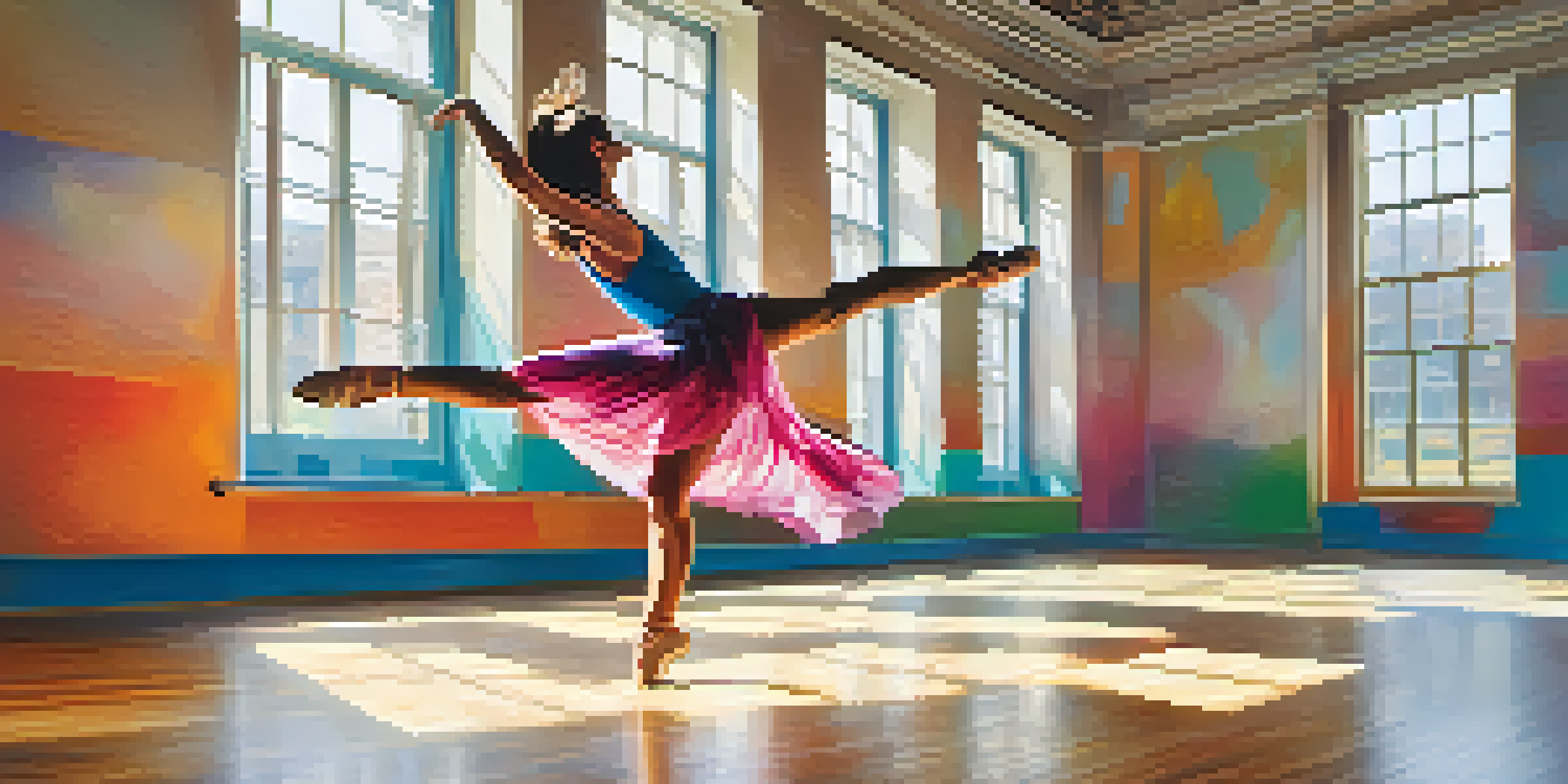 A dancer in mid-air leap inside a bright dance studio with mirrors and wooden floors, wearing a colorful outfit.