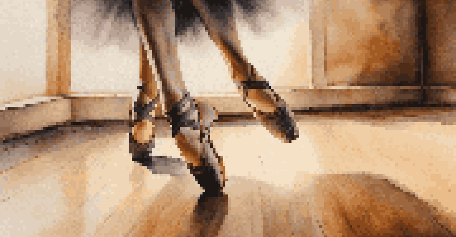 A close-up of a dancer's feet gracefully moving on a textured wooden floor, with warm lighting creating a soft background.