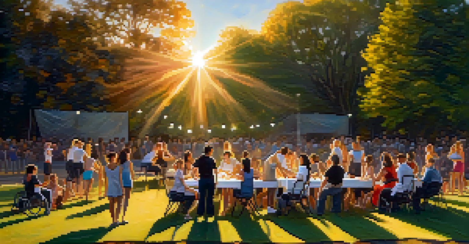 Dancers with disabilities and able-bodied dancers performing together in a park during sunset, with an engaged audience watching.