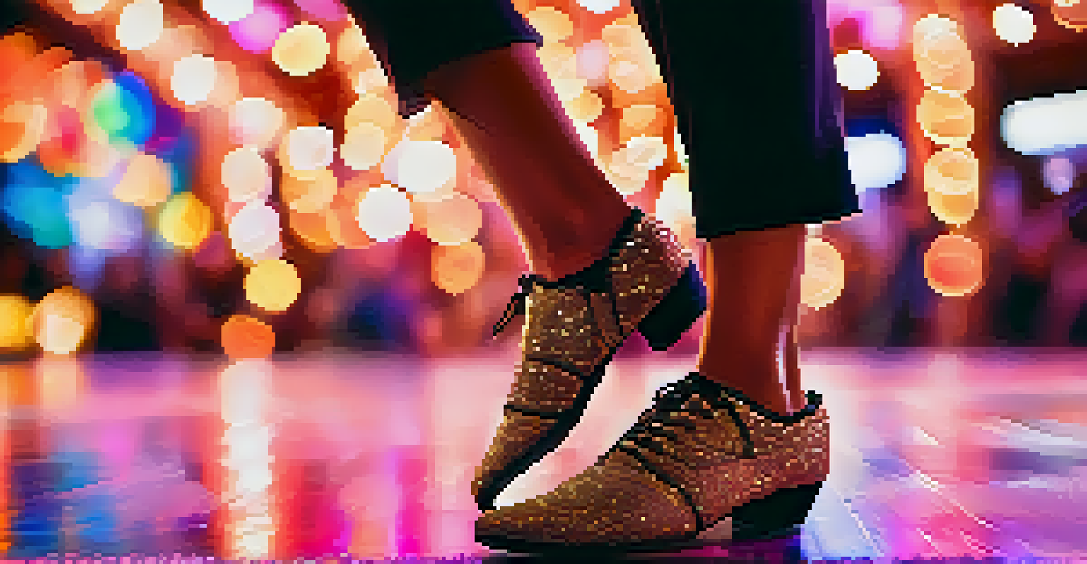 A close-up of a dancer's feet in motion on a textured dance floor, with colorful lights blurred in the background, highlighting the energy of the performance.