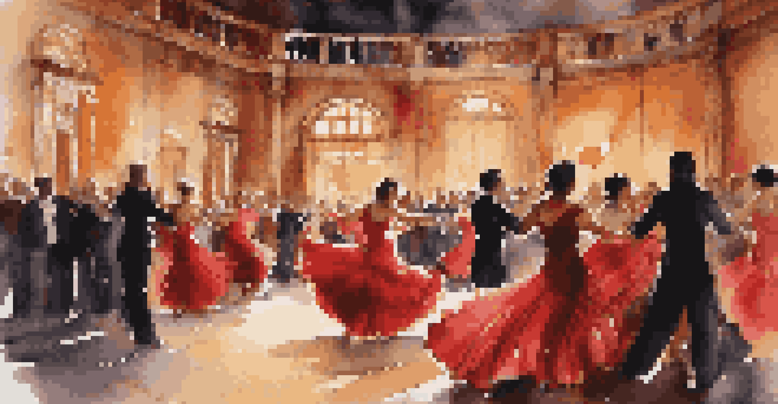 A flamenco dance performance at a European festival, featuring dancers in red and black dresses, with an engaged audience and a cozy evening ambiance.