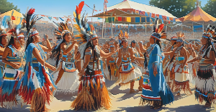 Dancers in traditional Native American regalia performing at a powwow, with a lively audience and bright blue sky in the background.