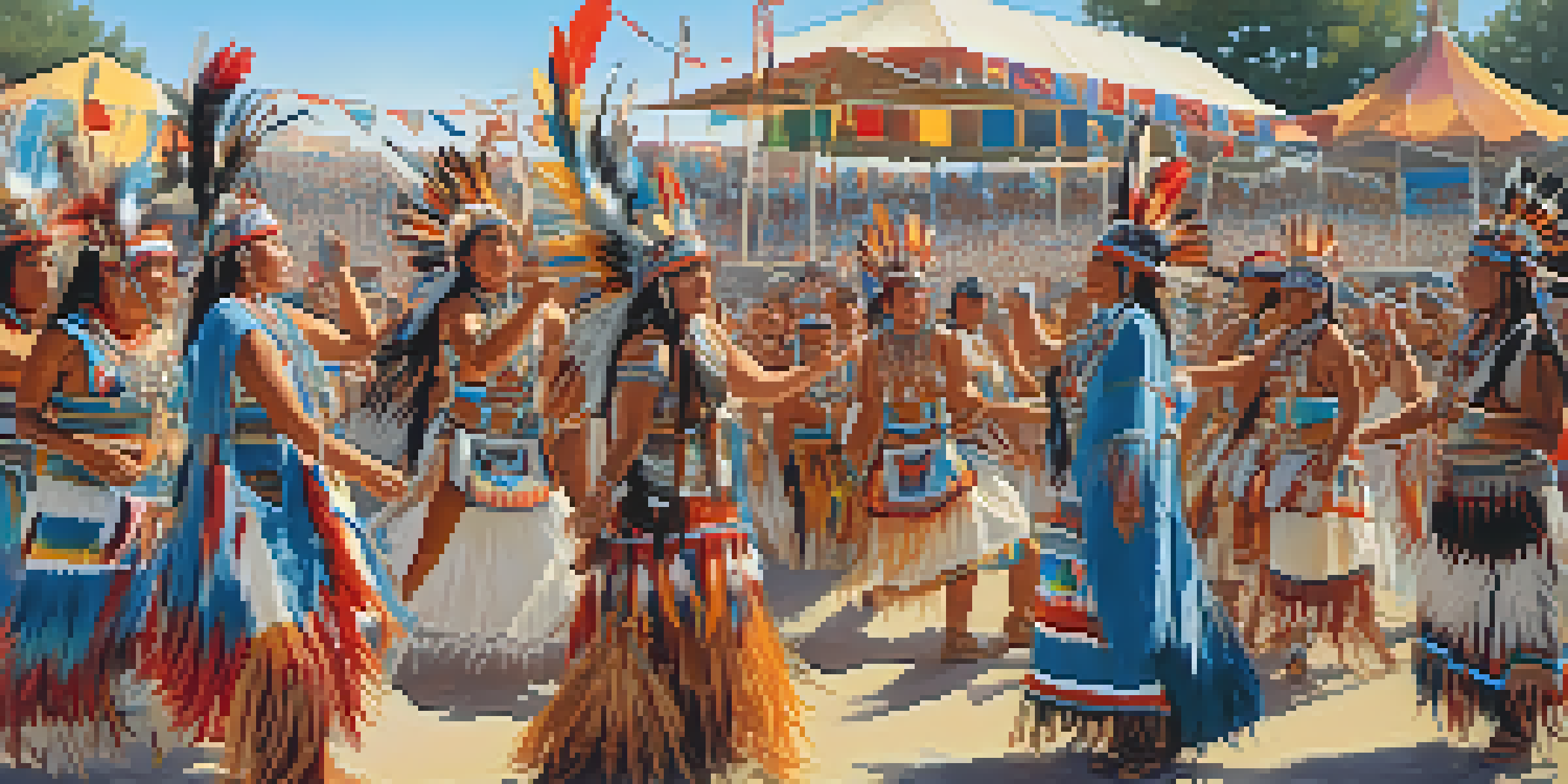 Dancers in traditional Native American regalia performing at a powwow, with a lively audience and bright blue sky in the background.