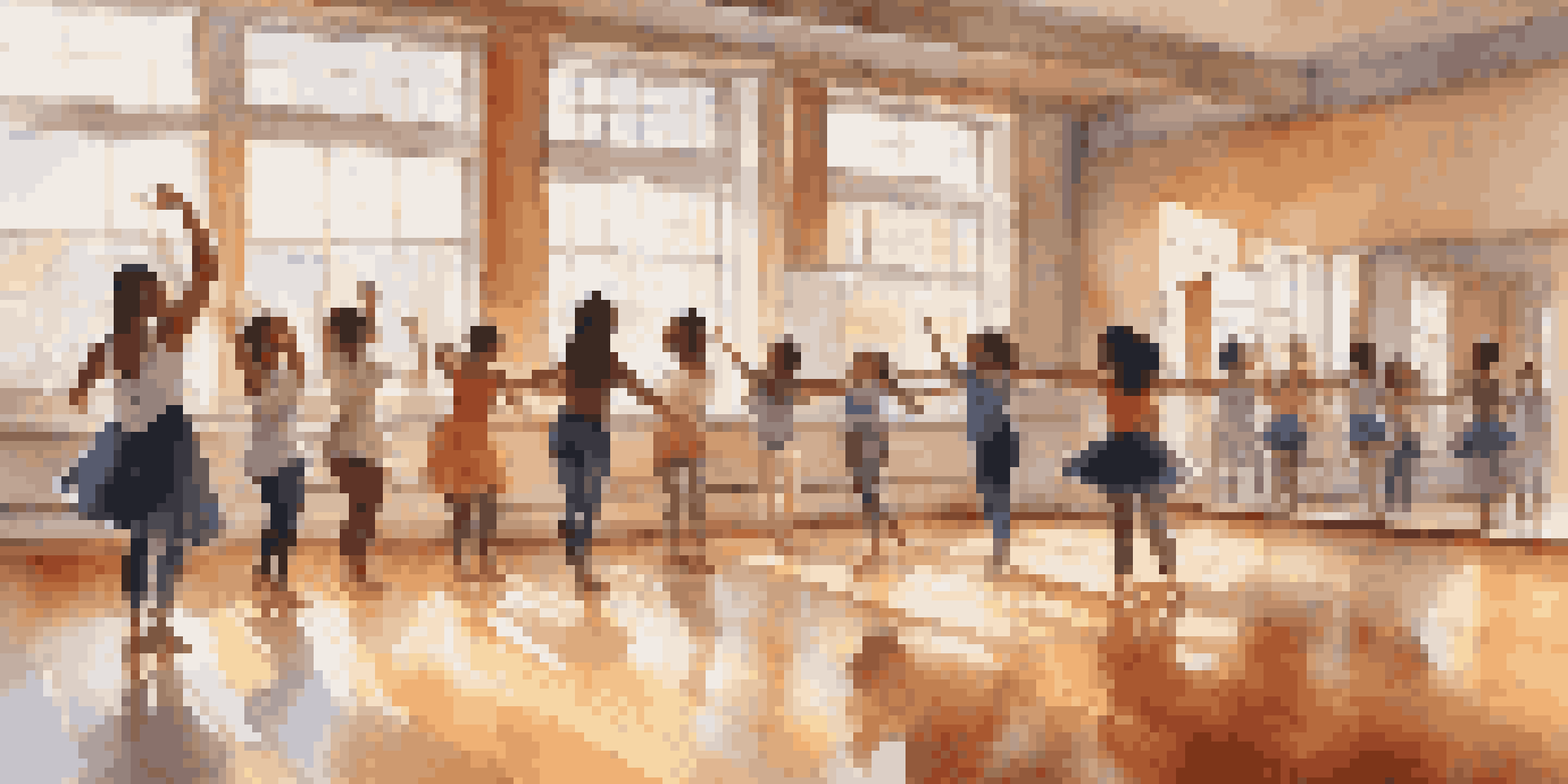 A diverse group of students practicing dance in a bright studio with mirrors and wooden floors, illuminated by soft sunlight.