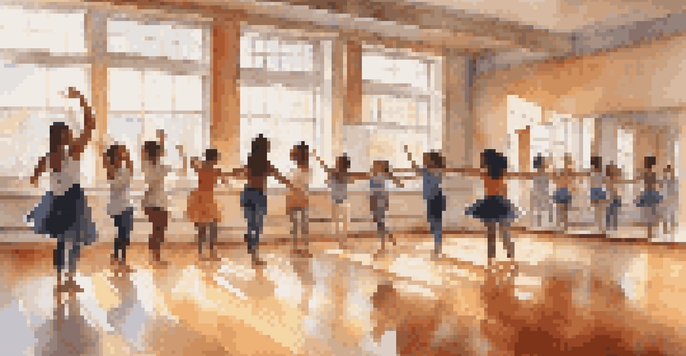 A diverse group of students practicing dance in a bright studio with mirrors and wooden floors, illuminated by soft sunlight.