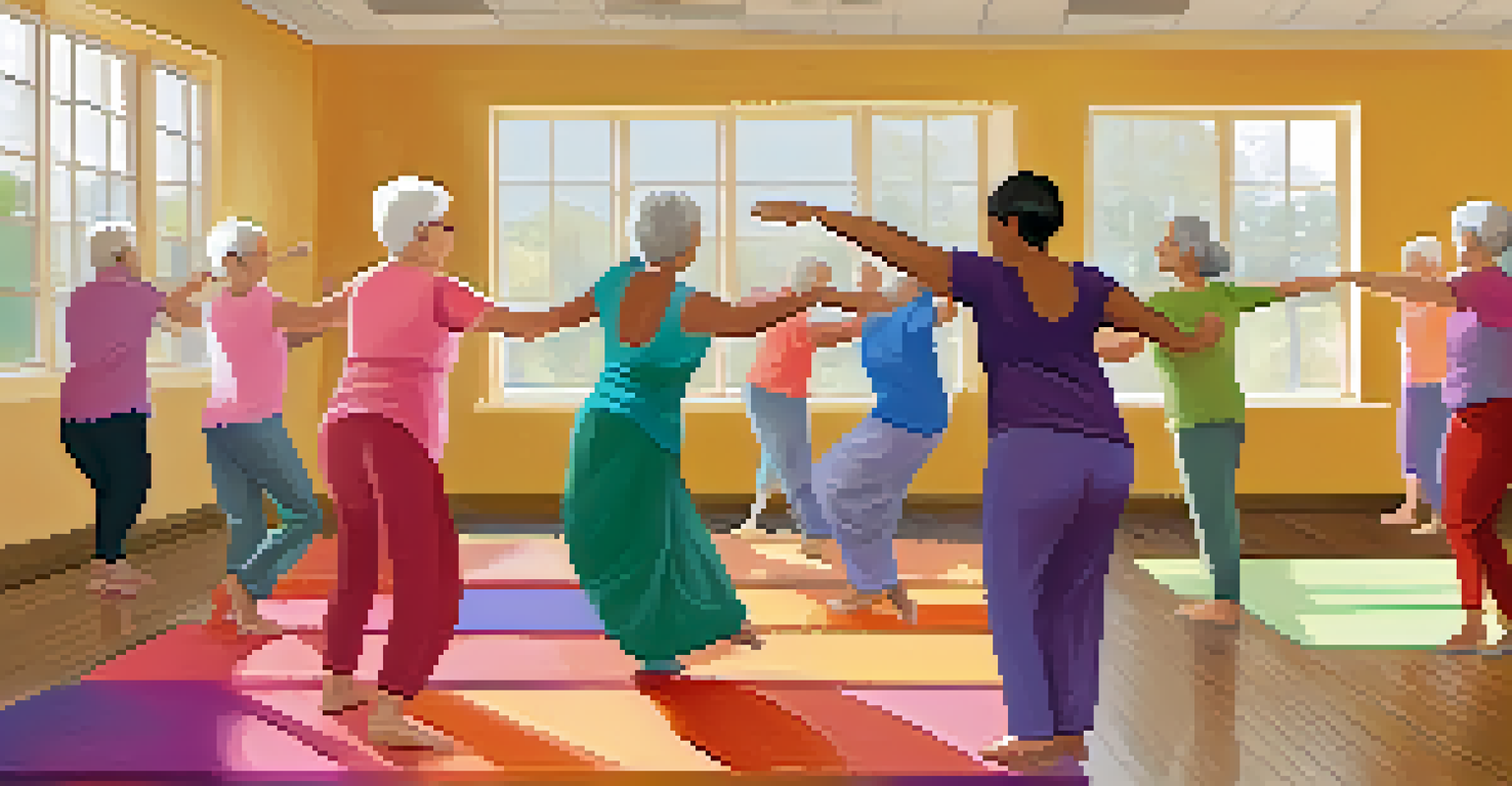 A group of older adults participating in a dance therapy session in a bright, inviting community center.