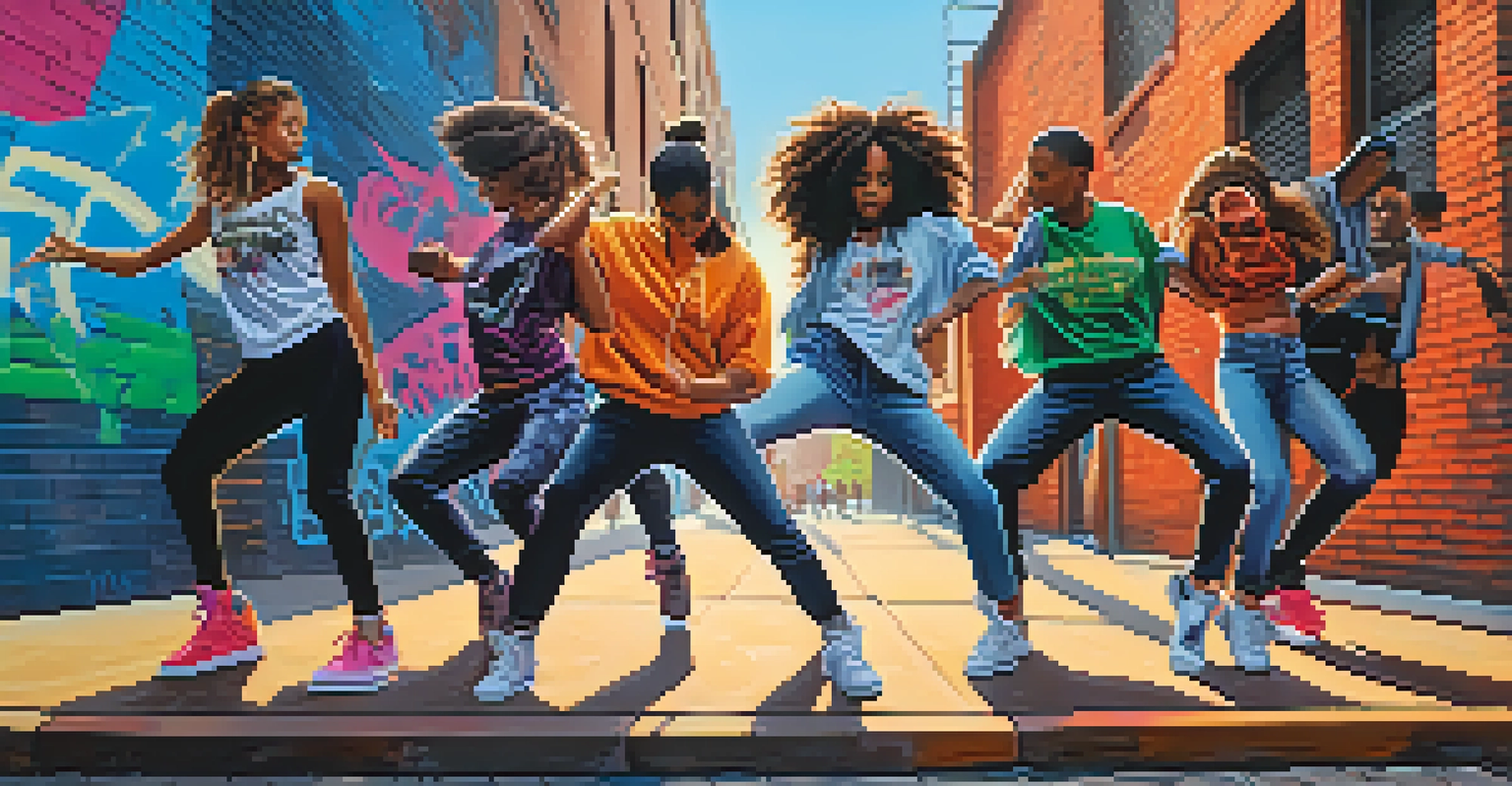 A group of hip-hop dancers performing in front of colorful graffiti on a brick wall, showcasing dynamic movements.