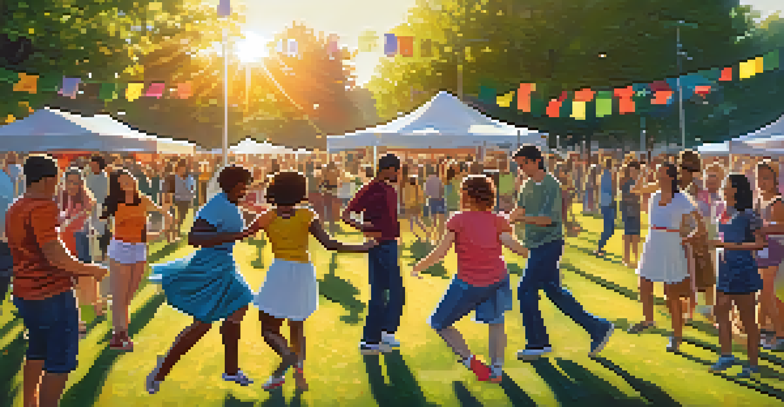 An outdoor community dance festival in a park with diverse participants dancing under a warm sunset.
