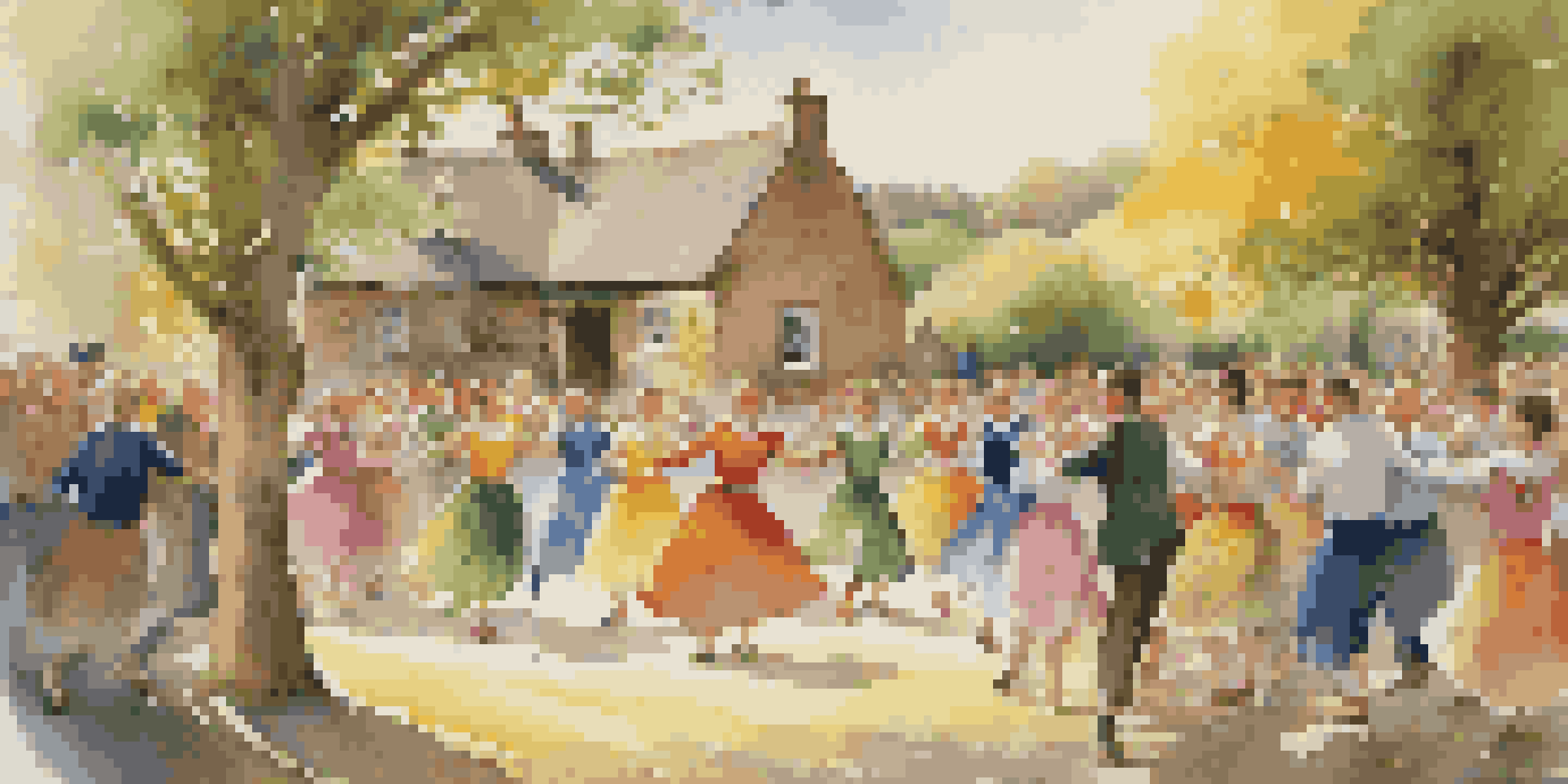 A lively Irish jig dance performance taking place in a village, with colorful costumes and joyful dancers under warm sunlight.