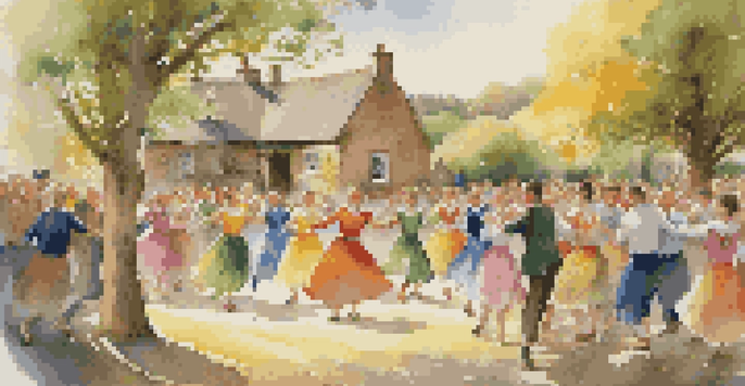 A lively Irish jig dance performance taking place in a village, with colorful costumes and joyful dancers under warm sunlight.