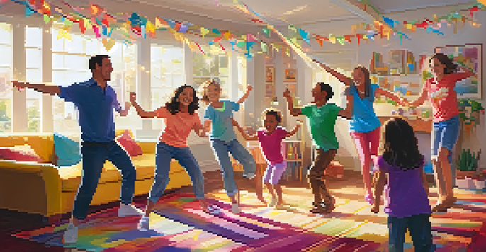 A joyful family dance party in a living room, with children and adults dancing together, colorful decorations, and warm sunlight streaming in.