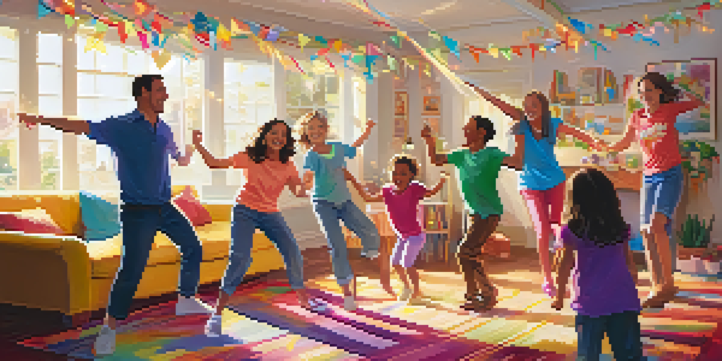 A joyful family dance party in a living room, with children and adults dancing together, colorful decorations, and warm sunlight streaming in.