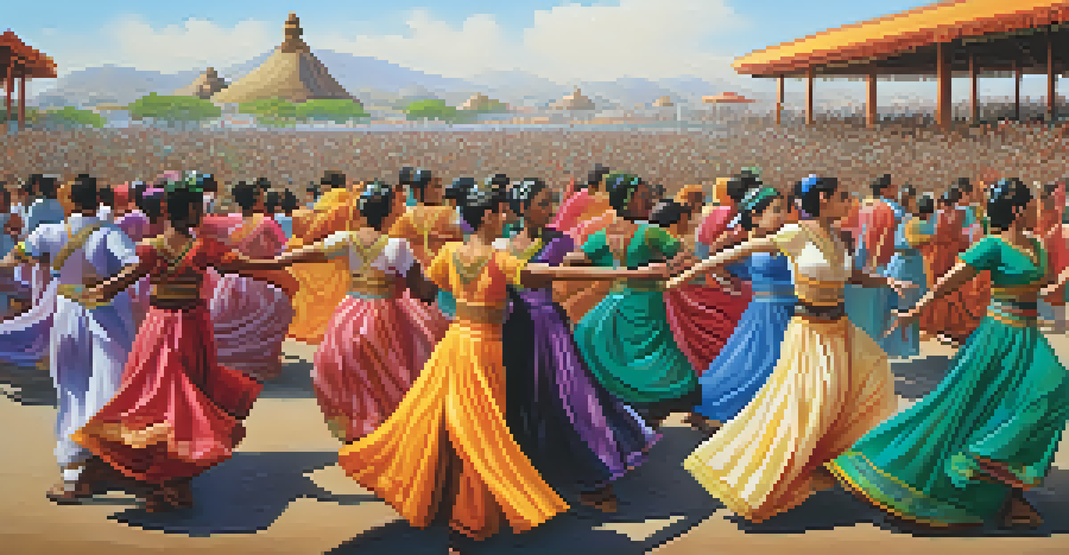 Dancers from various cultures exchanging dance styles, with global landmarks in the background, representing unity through art.