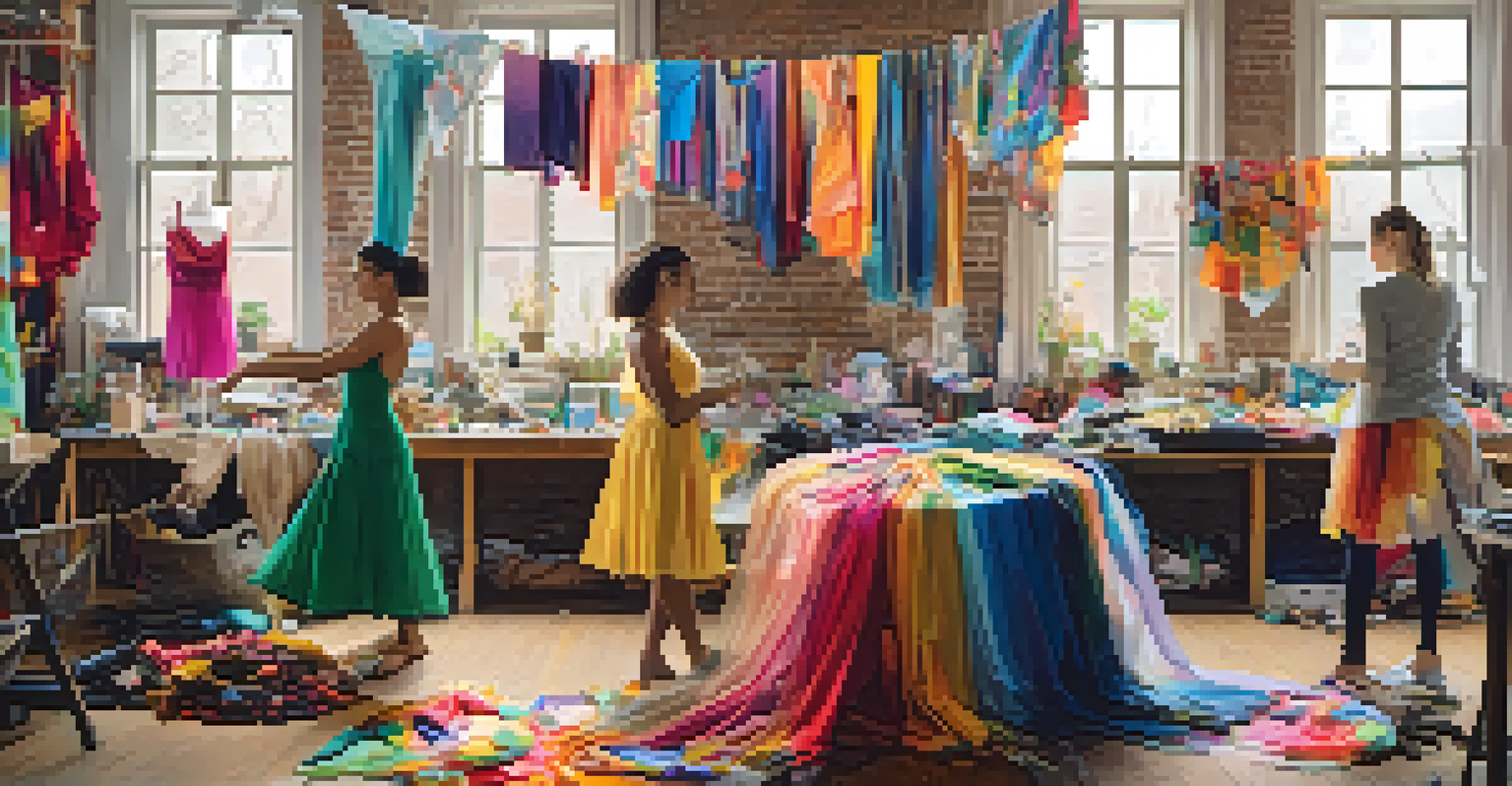 Dancers participating in a workshop to upcycle old costumes, surrounded by colorful fabrics and sewing supplies.