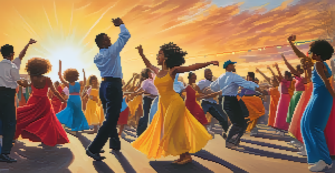 A group of diverse dancers performing at a civil rights rally, surrounded by a cheering crowd and colorful banners, with a sunset illuminating the scene.