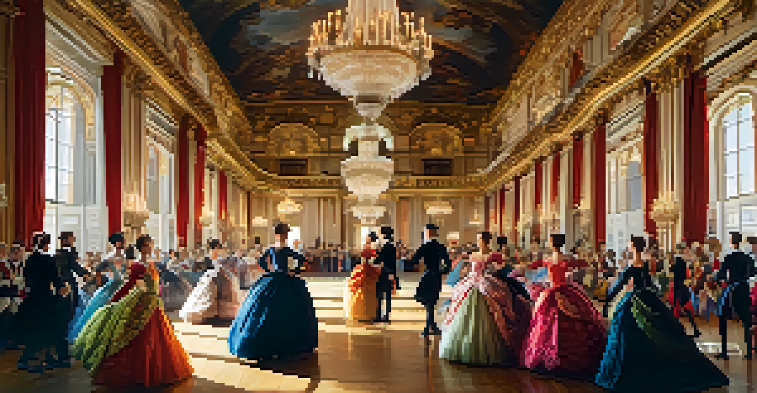 Dancers in opulent Baroque-style costumes performing in a grand ballroom illuminated by chandeliers.