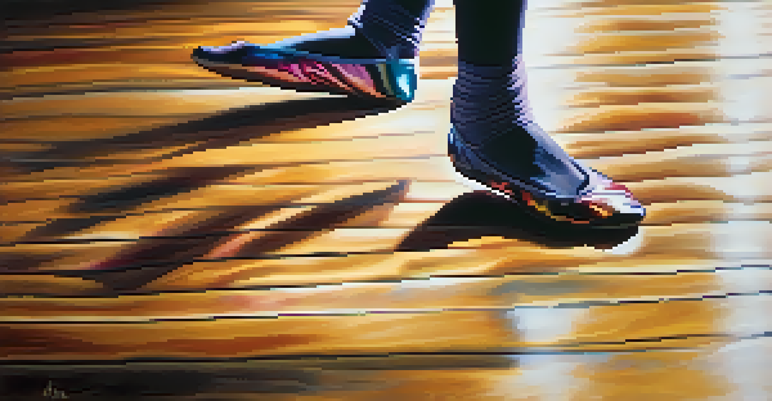 A close-up of a dancer's feet in colorful shoes mid-leap on a polished wooden floor, showcasing energy and grace.