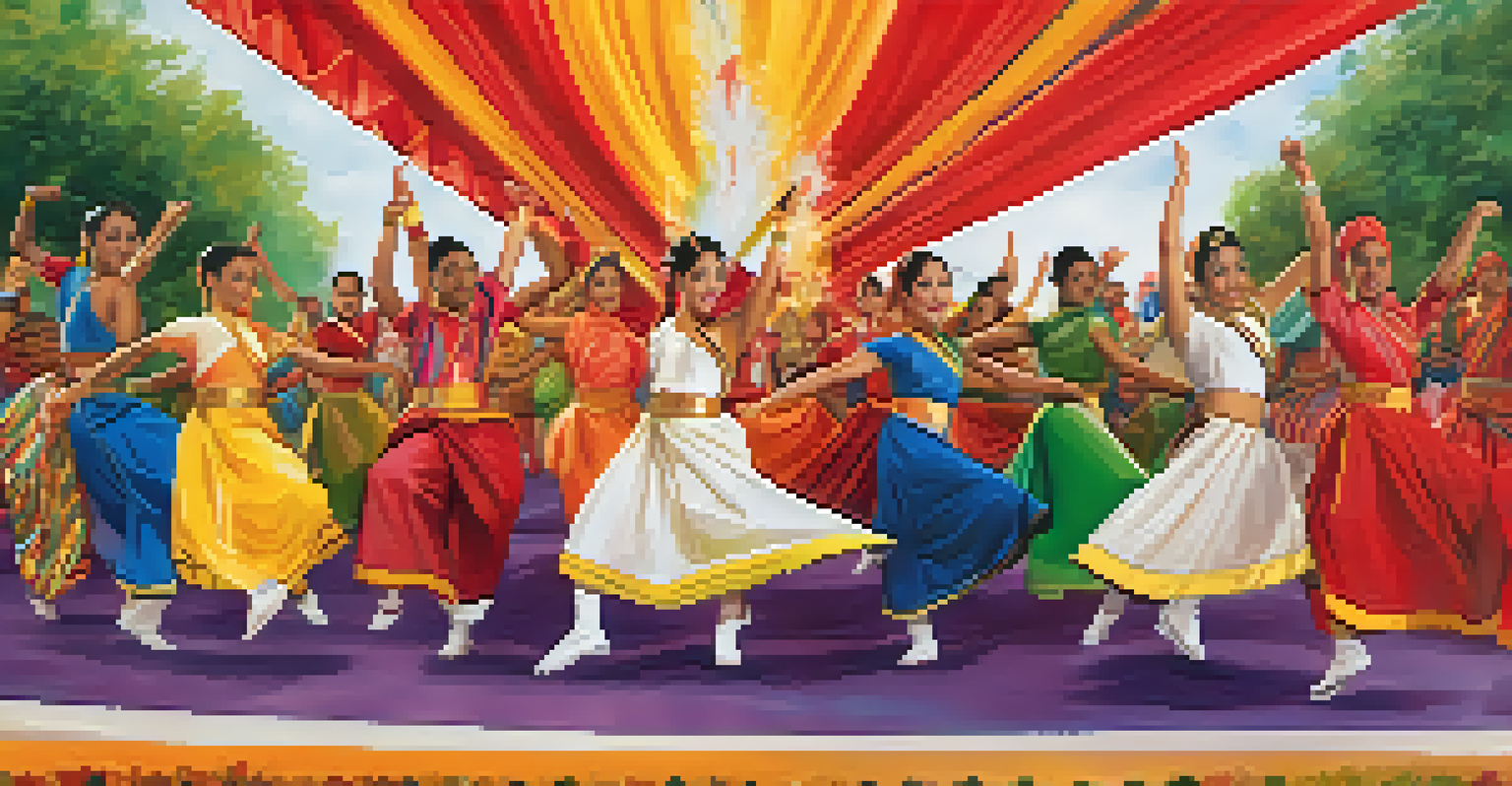 Performers from different cultures dancing in a lush park, with colorful costumes and an engaged audience, surrounded by banners.