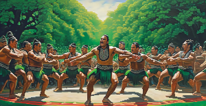 A group of men performing a traditional Maori haka dance, displaying strong movements and intense expressions in a lush green landscape.