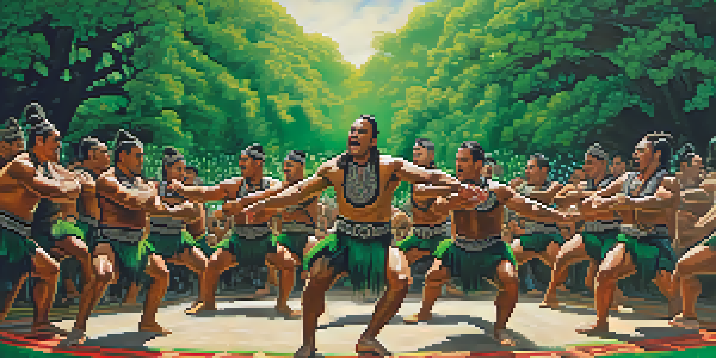 A group of men performing a traditional Maori haka dance, displaying strong movements and intense expressions in a lush green landscape.