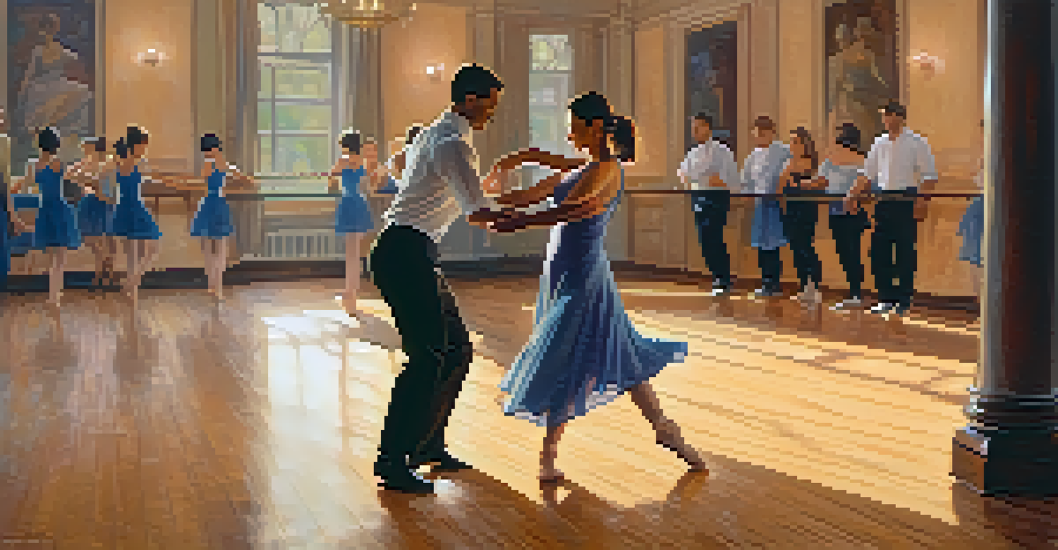 Two dance partners in a graceful pose, demonstrating trust and connection in a warm, softly lit environment.