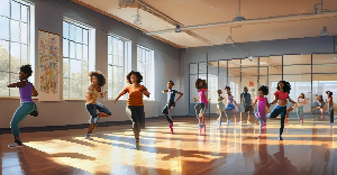A lively dance class in a bright studio with diverse young participants and an engaging instructor, showcasing an atmosphere of support and joy.