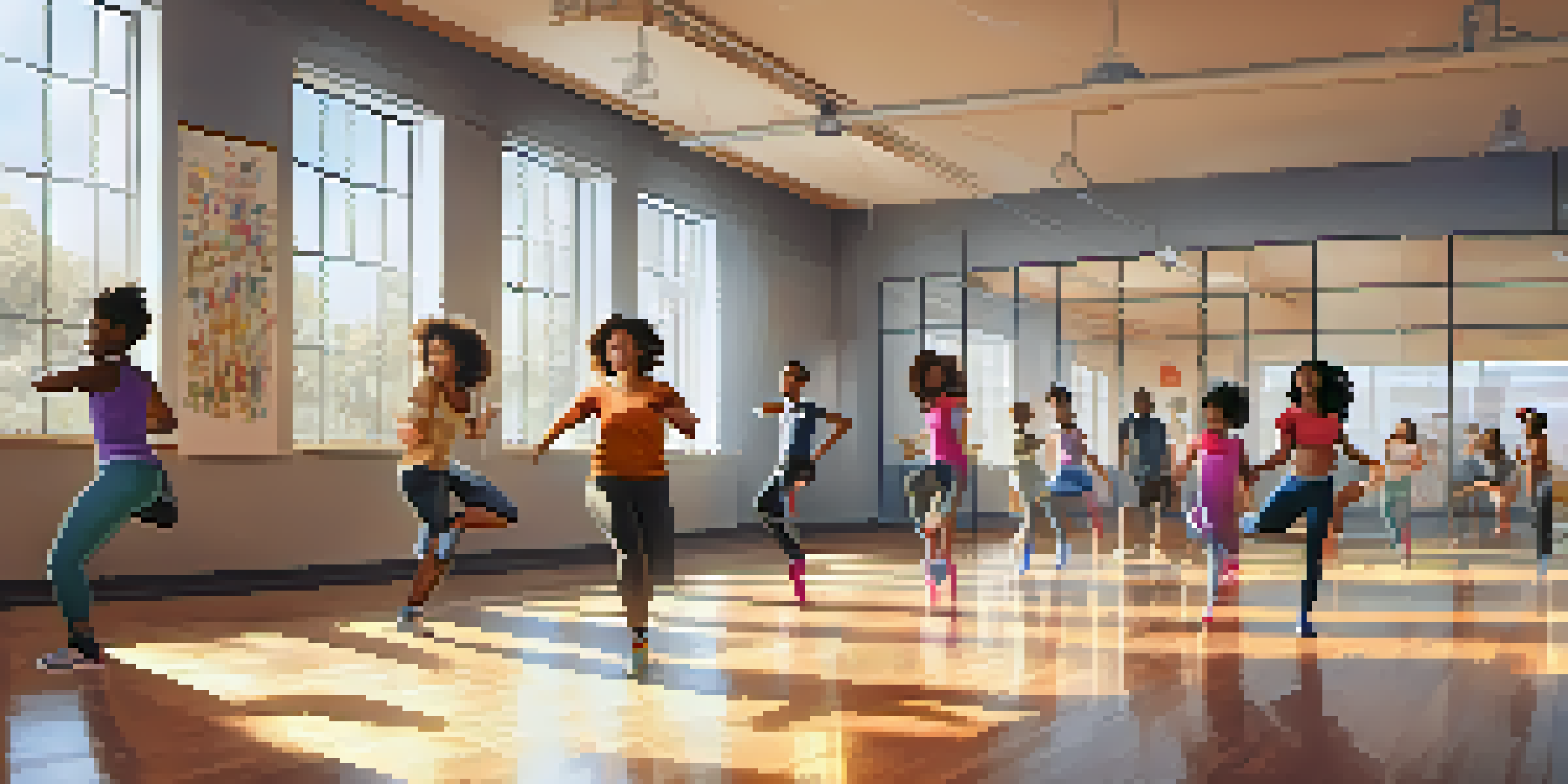 A lively dance class in a bright studio with diverse young participants and an engaging instructor, showcasing an atmosphere of support and joy.