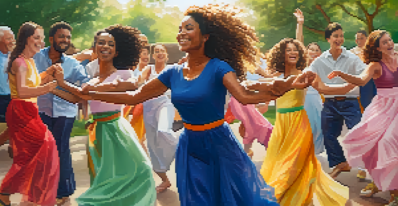 A group of individuals in a circle during a dance therapy session outdoors, expressing joy and unity through colorful movement amidst greenery.