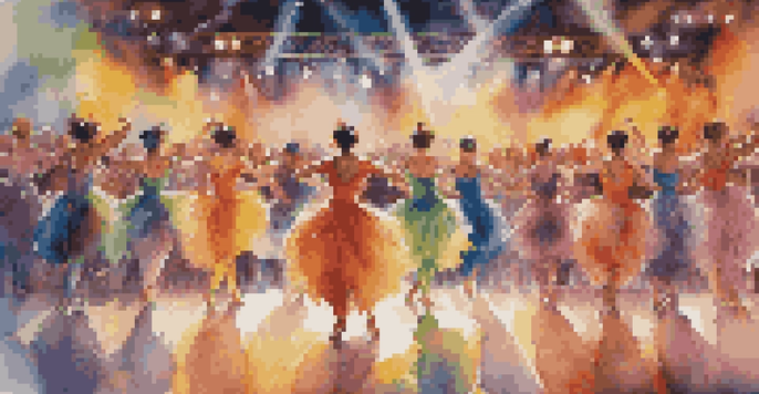 A lively dance competition with dancers in colorful costumes performing on stage under bright lights, while an audience watches and applauds.