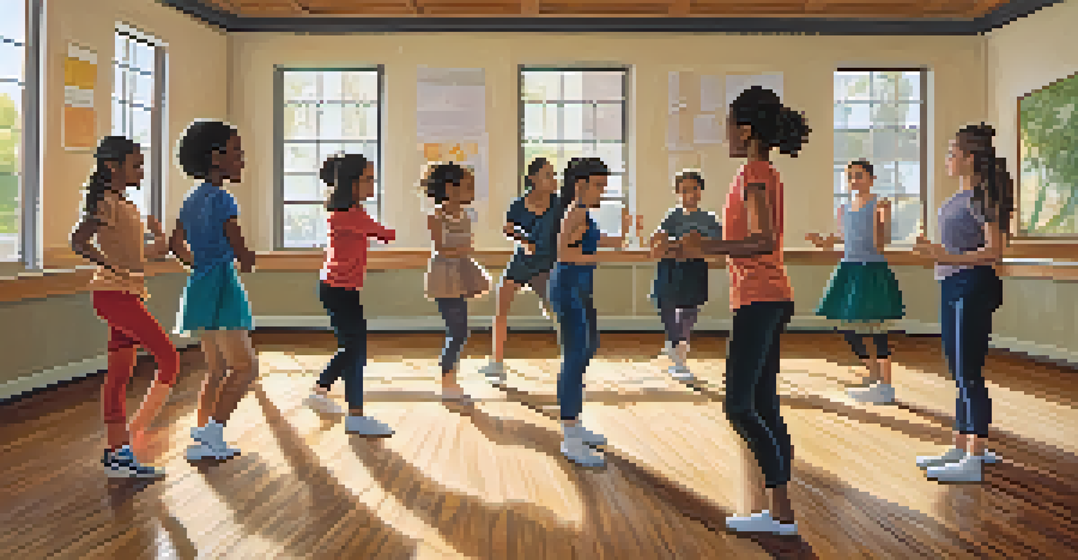 A group of students in a dance classroom sitting in a circle, engaging in a supportive discussion while a teacher facilitates the session.