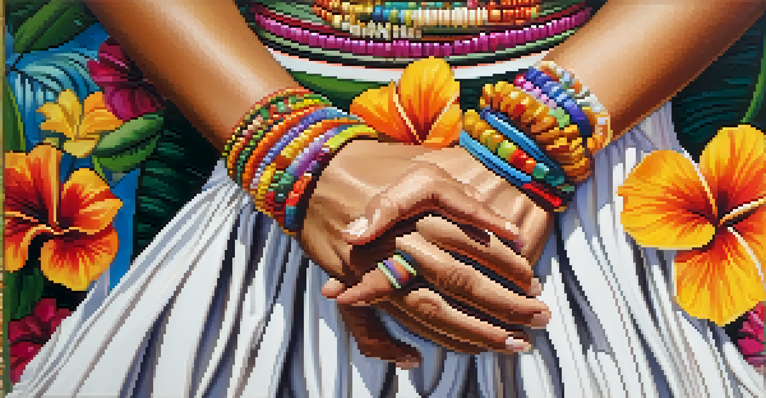 Close-up of a hula dancer's hands performing intricate gestures with floral decorations in the background.
