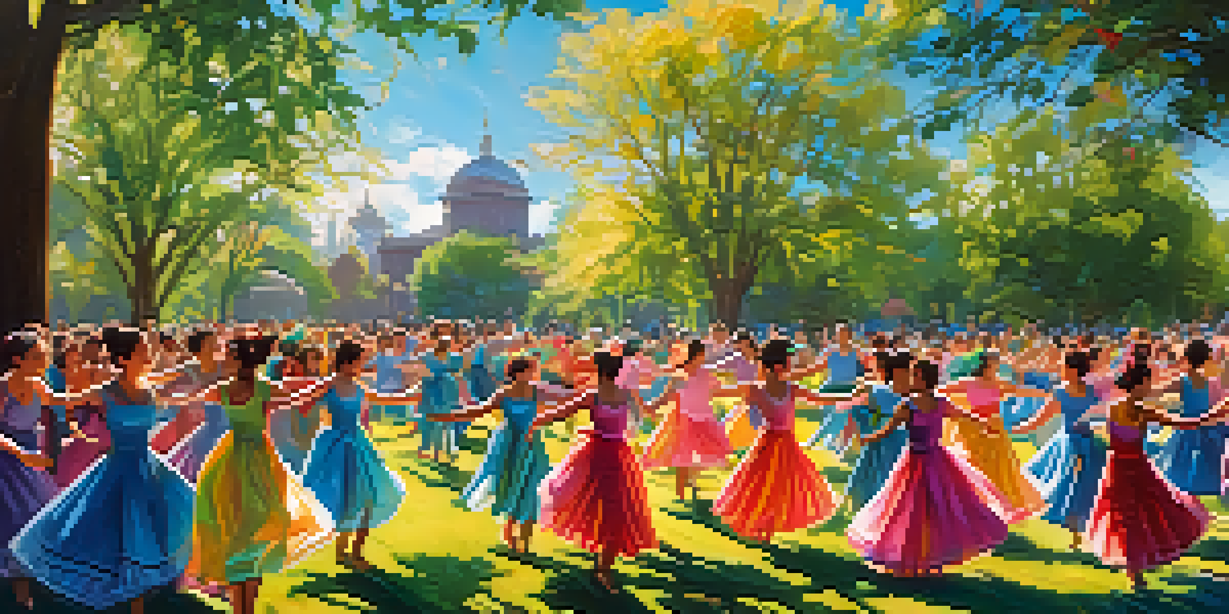 A diverse group of dancers performing in a park, surrounded by an engaged audience on a sunny day.