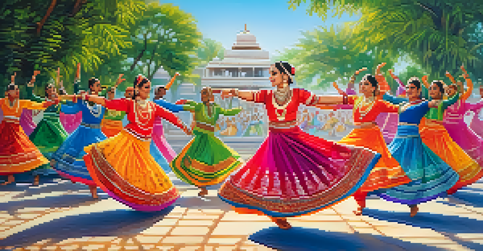 A vibrant Bollywood dance performance with dancers in traditional attire, set outdoors against a lush green backdrop.