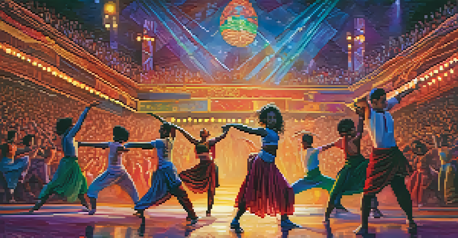 Dancers from various cultures performing together on stage, illuminated by colorful lights, with an engaged audience watching in the background.