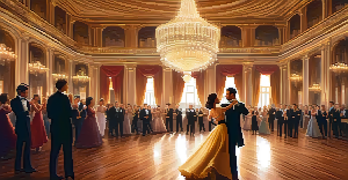 A couple dancing in a grand ballroom, illuminated by chandeliers, creating a romantic atmosphere.