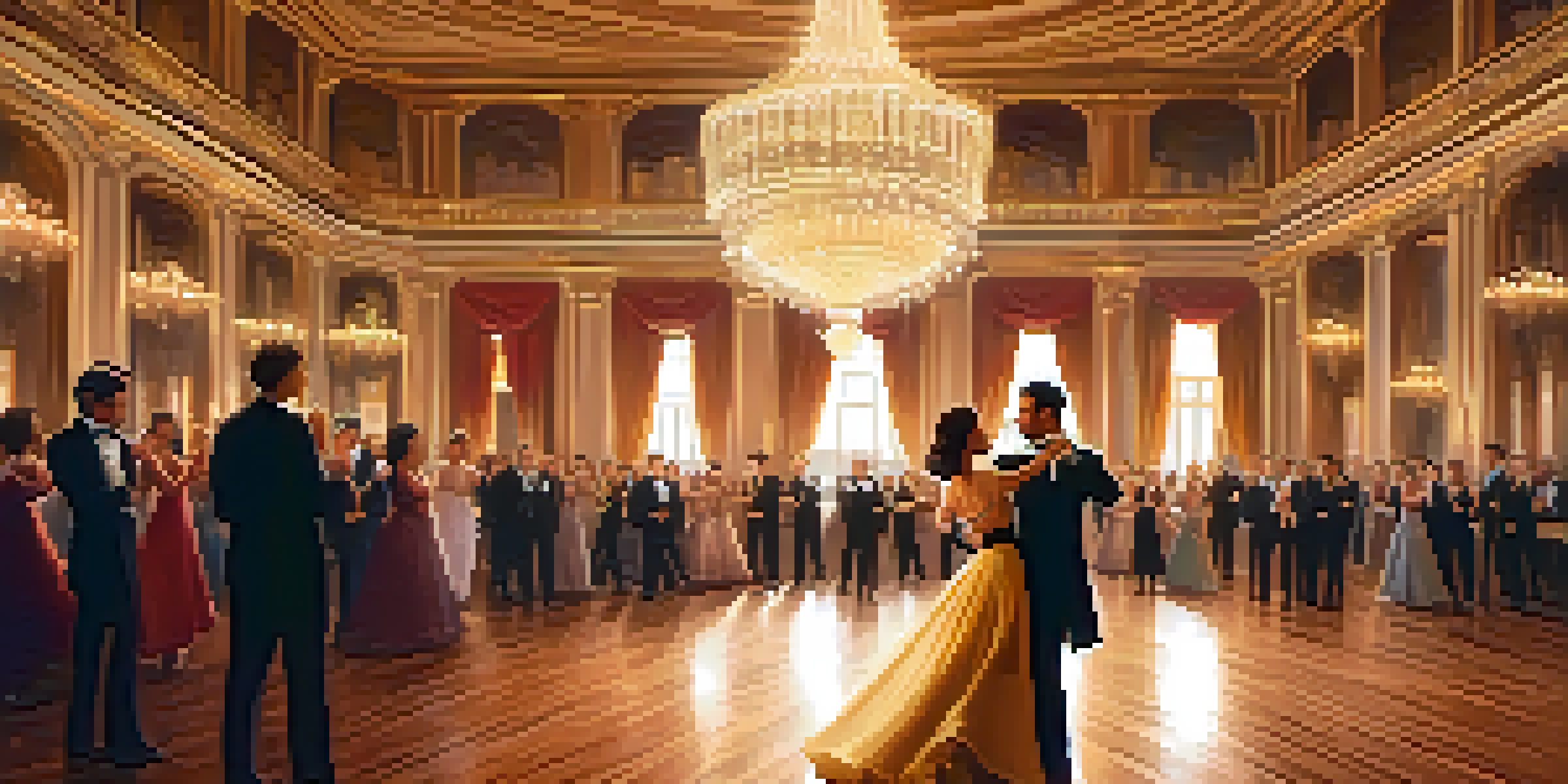 A couple dancing in a grand ballroom, illuminated by chandeliers, creating a romantic atmosphere.
