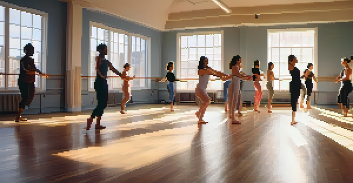A dance therapy session in a bright studio, with participants expressing emotions through movement, surrounded by natural light.