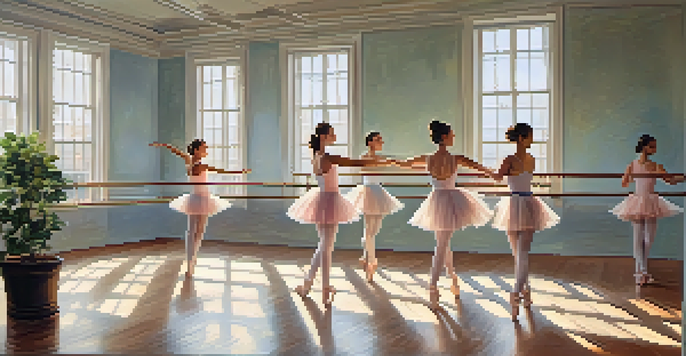 A bright dance studio with students practicing ballet, surrounded by mirrors and plants.