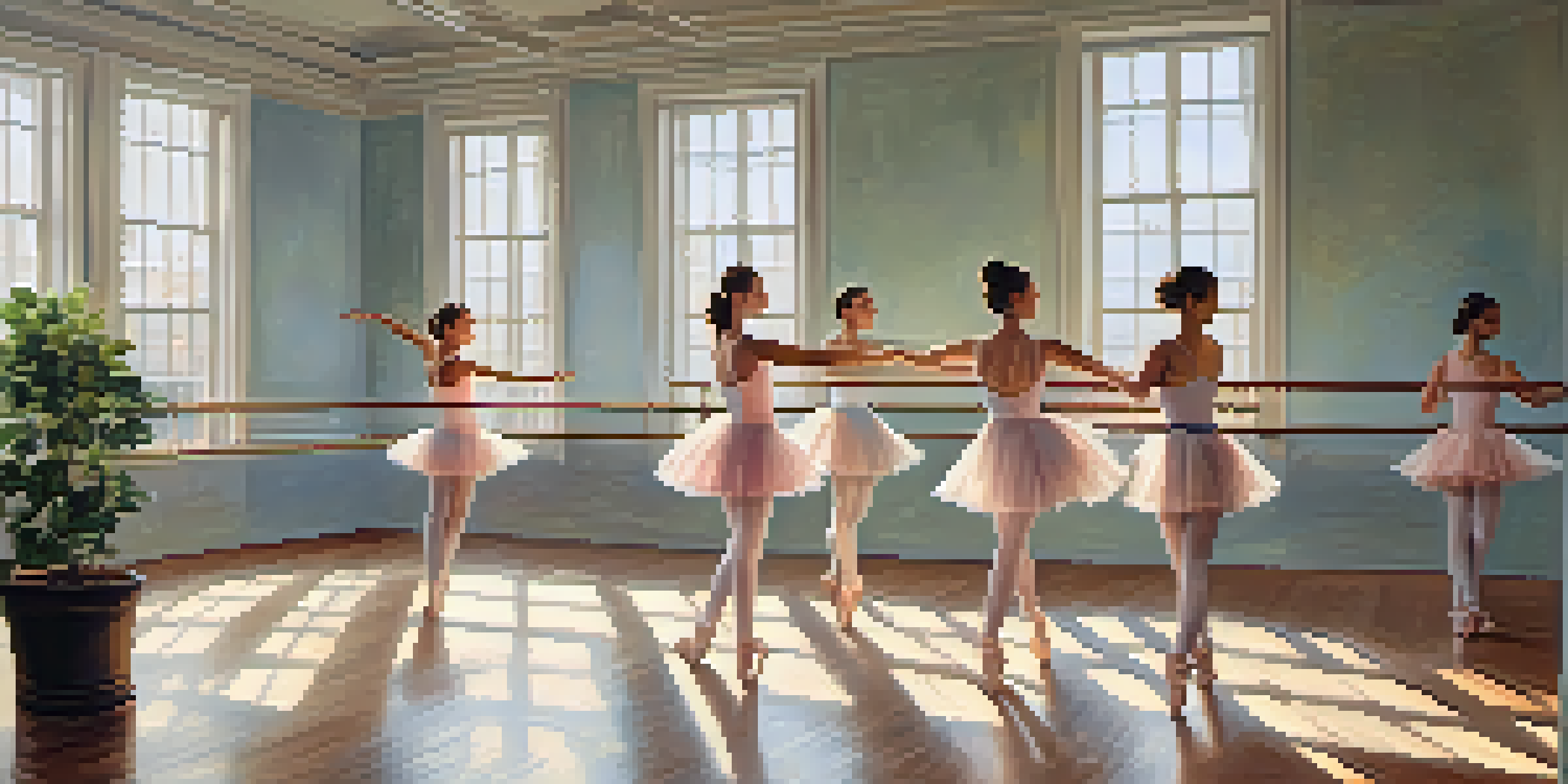 A bright dance studio with students practicing ballet, surrounded by mirrors and plants.