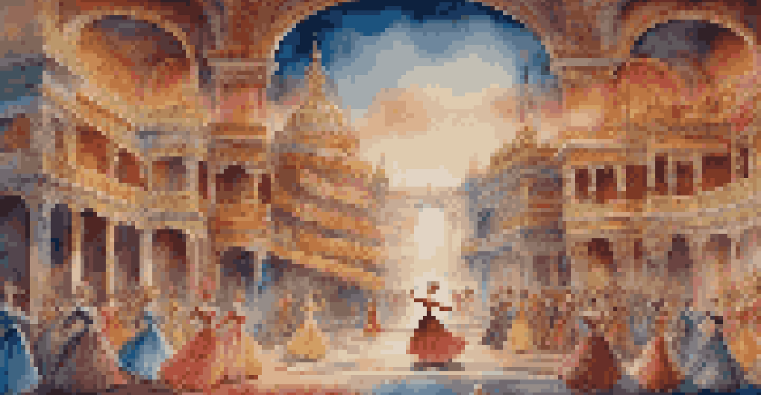 An elaborate dance set inspired by a painting, with vibrant colors and intricate textures, featuring dancers in flowing costumes.