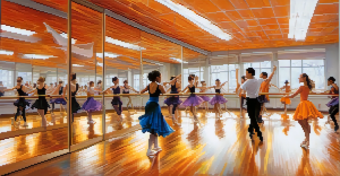 A lively dance classroom with students practicing different dance styles, featuring bright lighting and colorful attire.