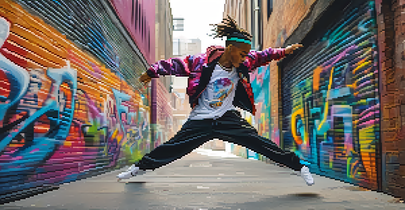 A hip-hop dancer performing against a colorful graffiti background on an urban street.