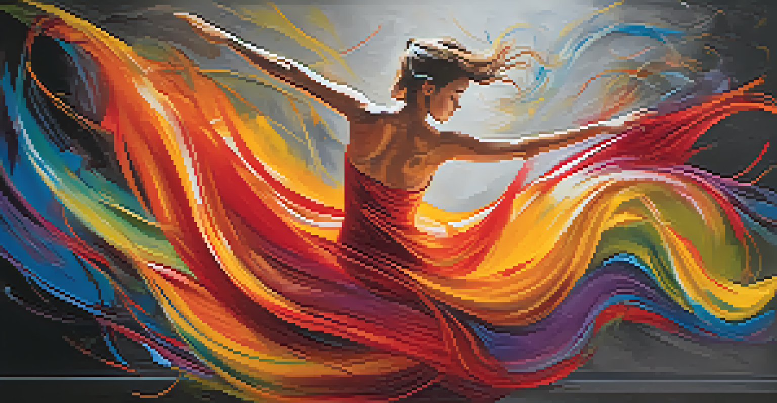 An abstract painting representing movement and dance with vibrant colors.
