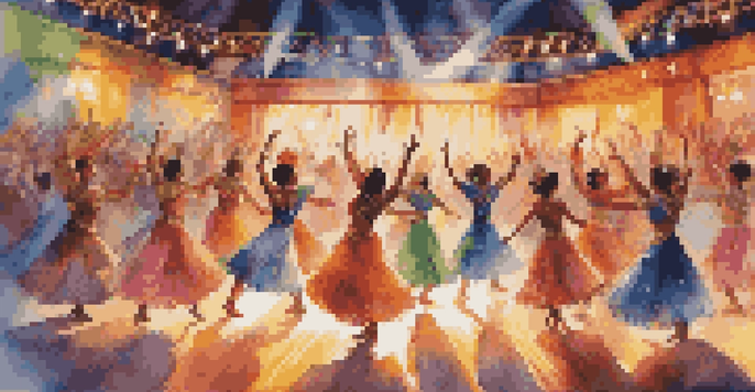 A lively scene of a dance competition with diverse dancers showcasing various styles on stage, surrounded by colorful lights and an engaging audience.
