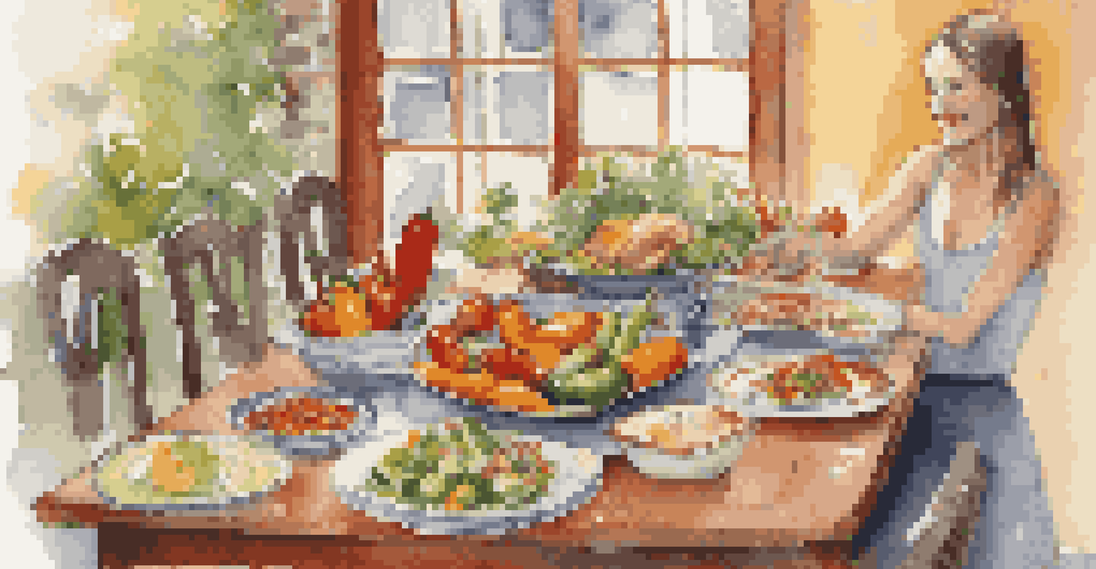 A dining table set with a one-pan meal of roasted chicken and colorful vegetables, with a dancer preparing to eat in the background.