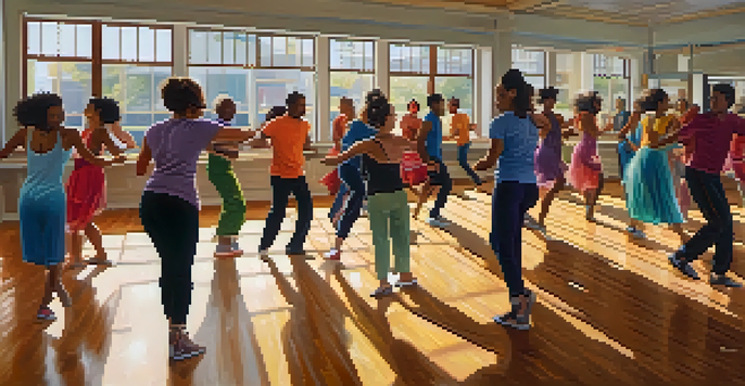 A diverse group of individuals joyfully participating in a dance class, surrounded by natural light and mirrors.