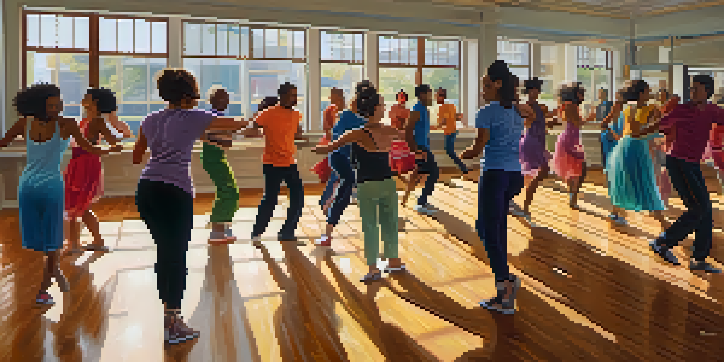 A diverse group of individuals joyfully participating in a dance class, surrounded by natural light and mirrors.